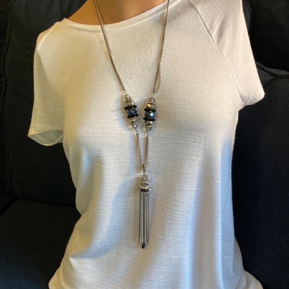 INC two tone jet beads and rhinestones on two tone necklace with tassels